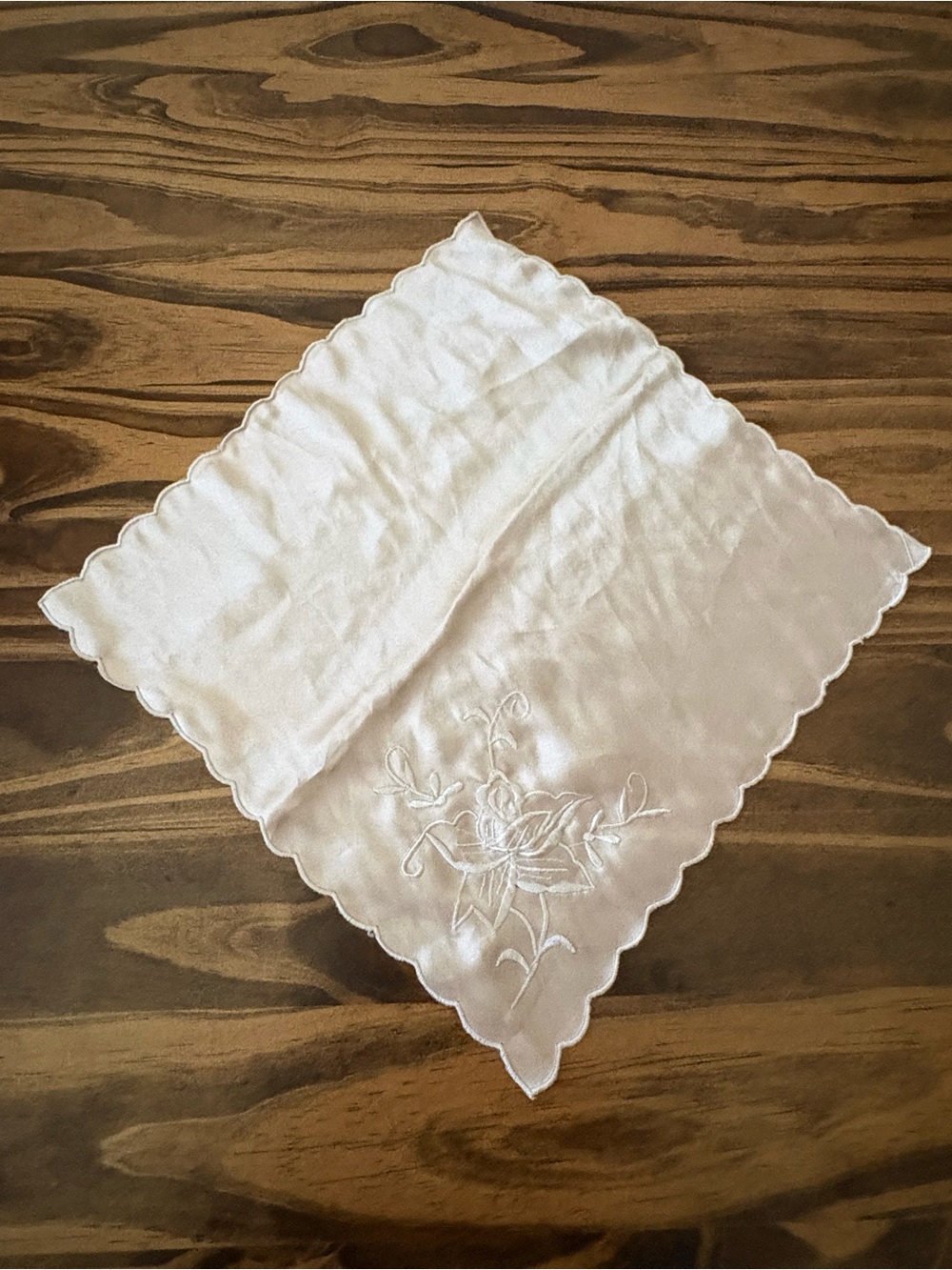 vintage silk napkin or handkerchief with delicate floral embroidery and scallope